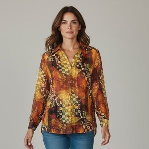 Fleurs by elegant edition long sleeve, sheer blouse, size, large gold threading